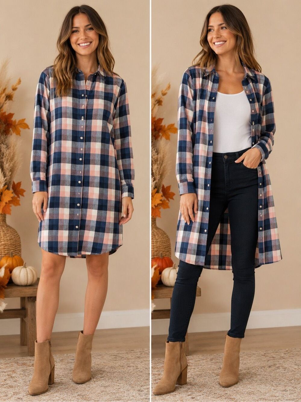 Tommy Hilfiger Women’s M Plaid Flannel Shirt Dress Pink Navy Button Front